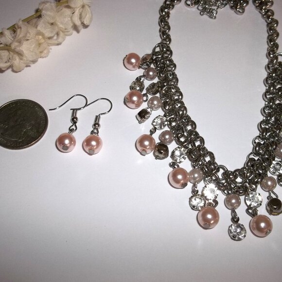 Pink Pearl Necklace Silver Earrings Fashion Jewelry Accessory Lot Set Woman D187 - Picture 2 of 6